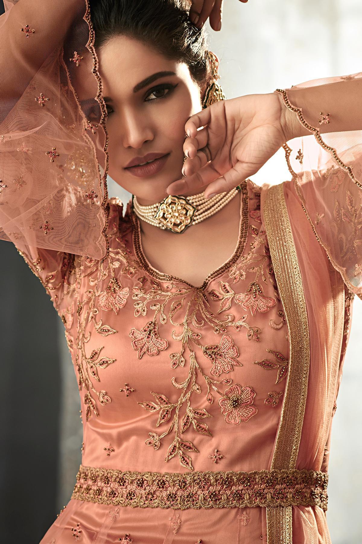 Dark Peach Net Party Wear Anarkali Suit