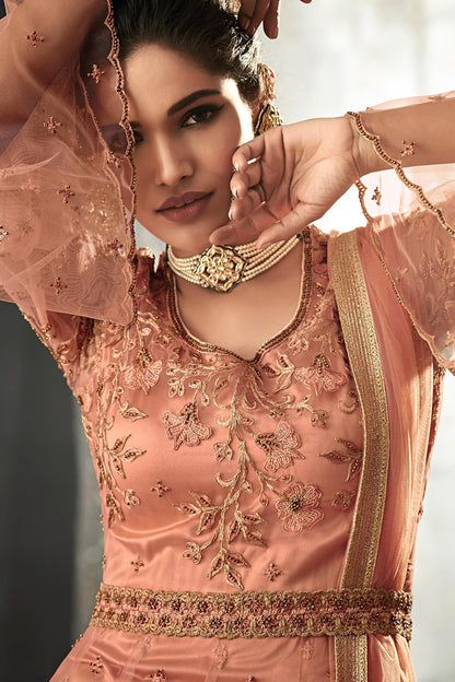 Dark Peach Net Party Wear Anarkali Suit