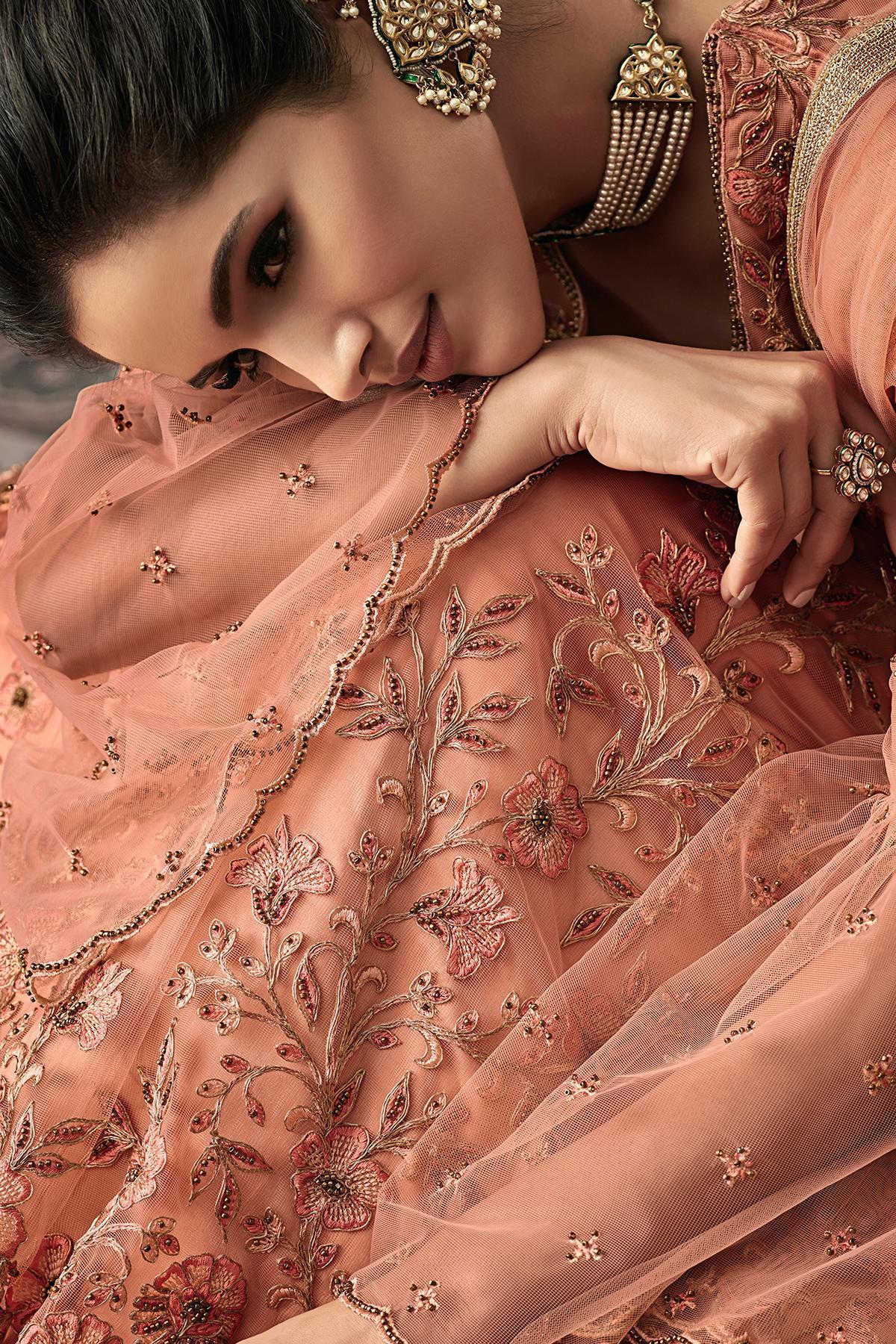 Dark Peach Net Party Wear Anarkali Suit