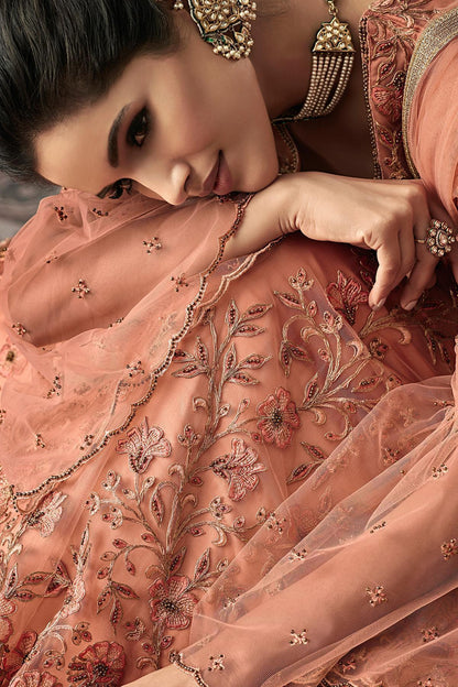 Dark Peach Net Party Wear Anarkali Suit