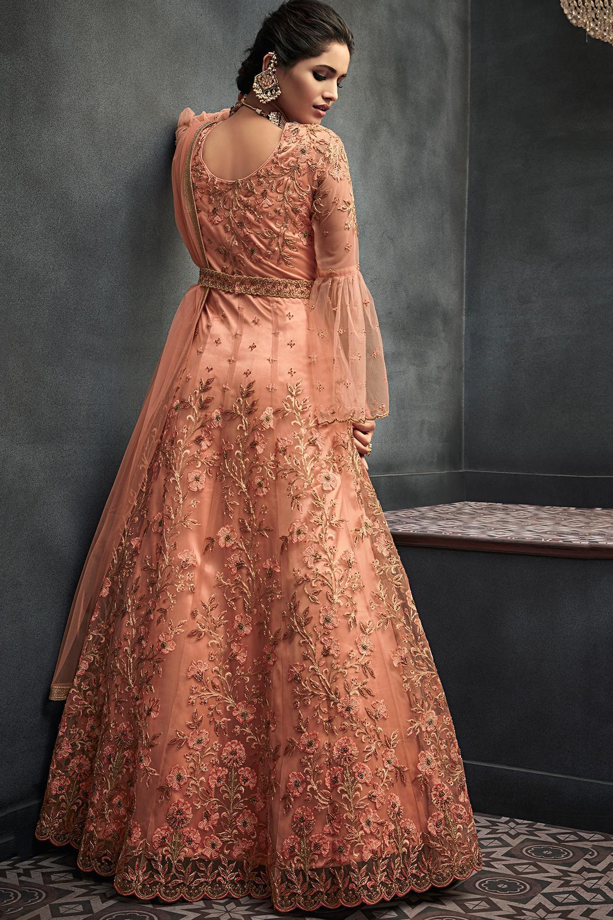 Dark Peach Net Party Wear Anarkali Suit