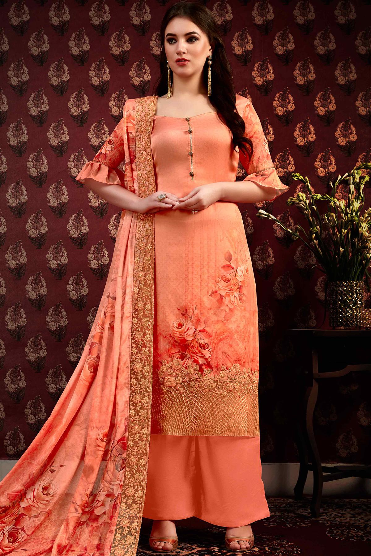 Dark Peach Printed Casual Straight Cut Suit