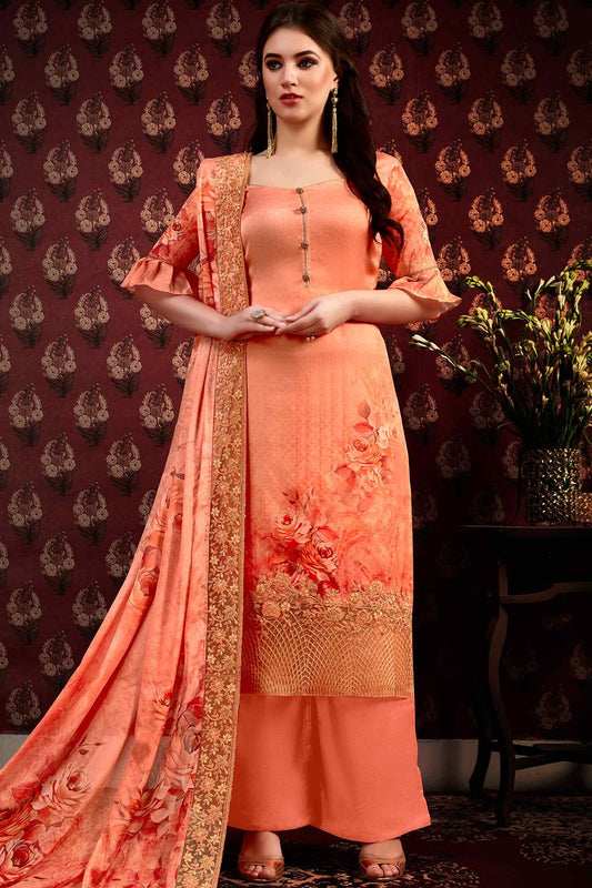 Dark Peach Printed Casual Straight Cut Suit