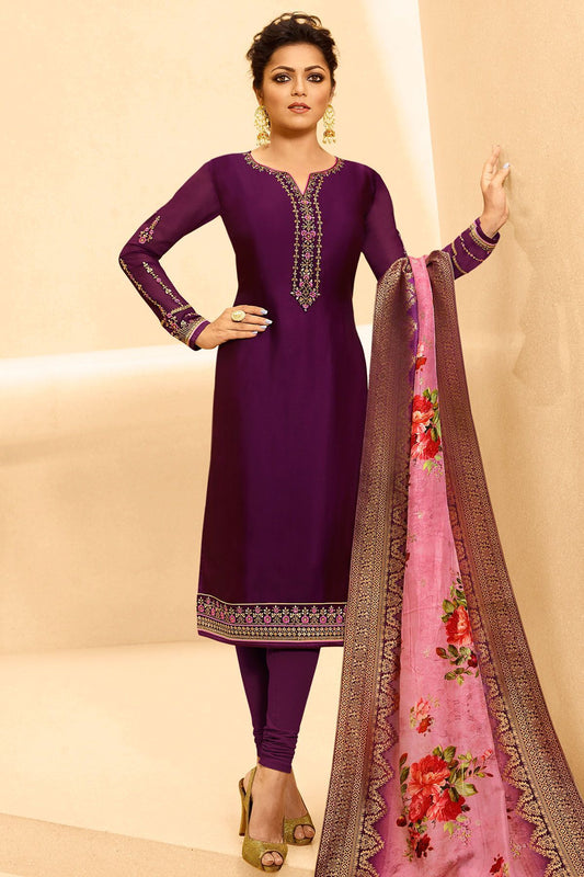Dark Purple Georgette Casual Straight Suit