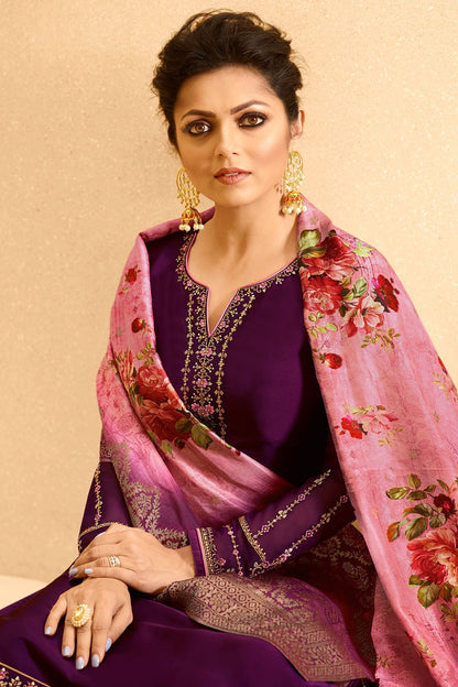 Dark Purple Georgette Casual Straight Suit