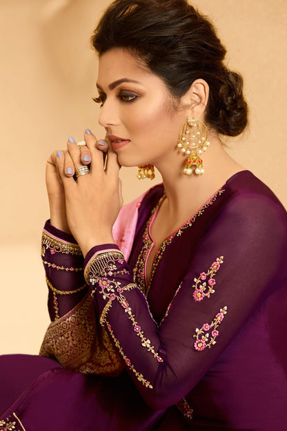 Dark Purple Georgette Casual Straight Suit