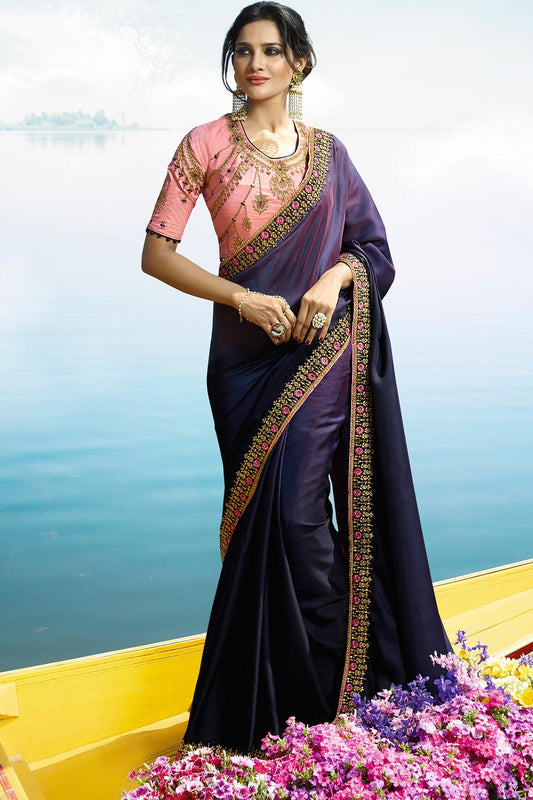 Dark Violet and Peach Designer Silk Sari