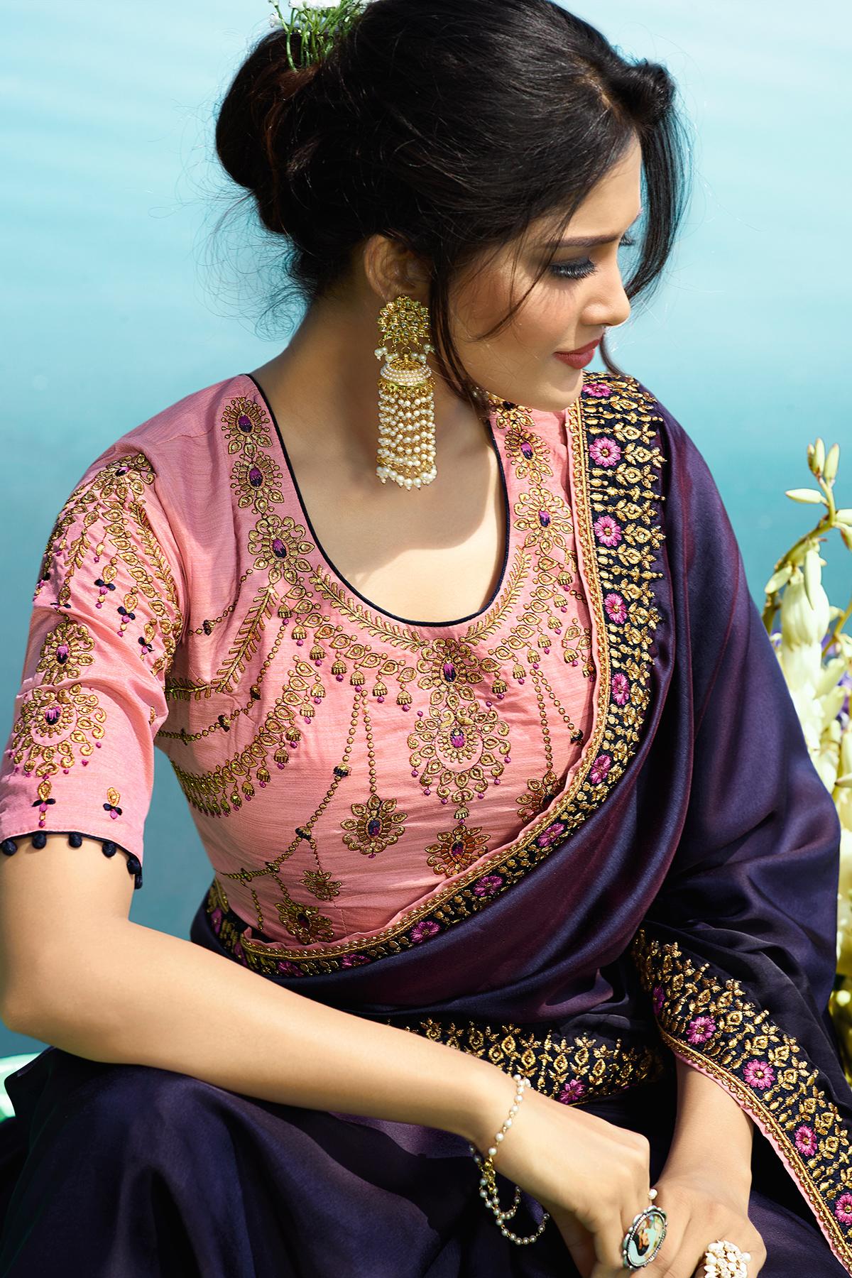 Dark Violet and Peach Designer Silk Sari