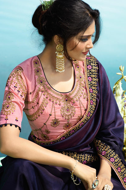Dark Violet and Peach Designer Silk Sari