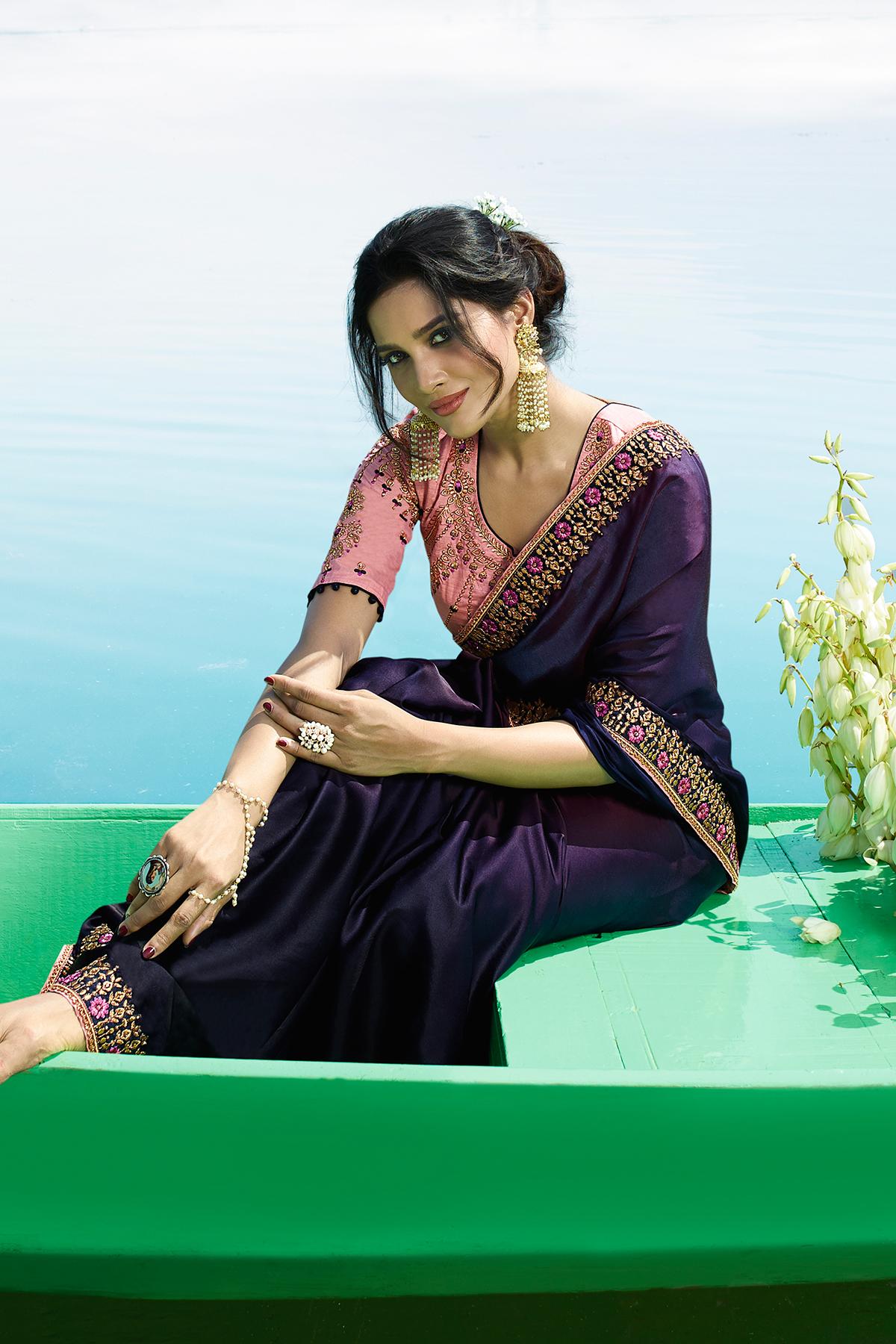 Dark Violet and Peach Designer Silk Sari