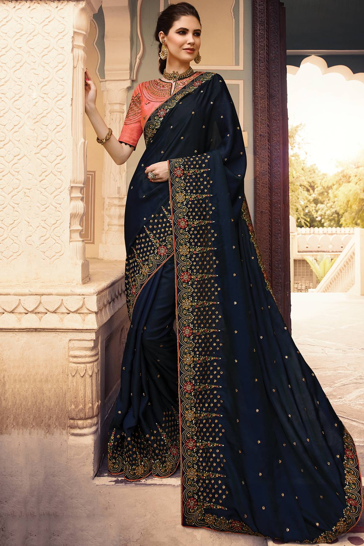 Denim Blue and Peach Designer Silk Sari
