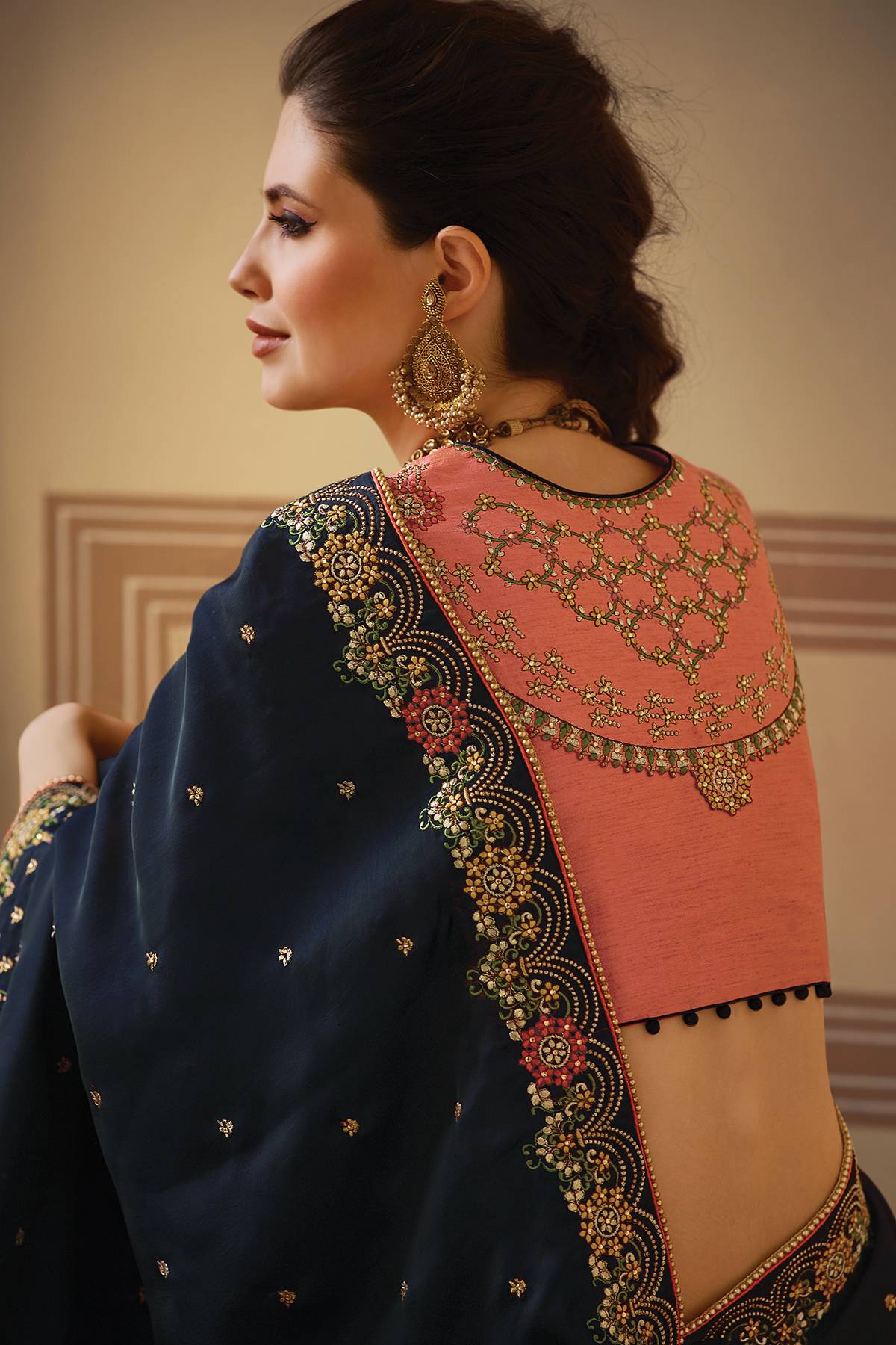 Denim Blue and Peach Designer Silk Sari