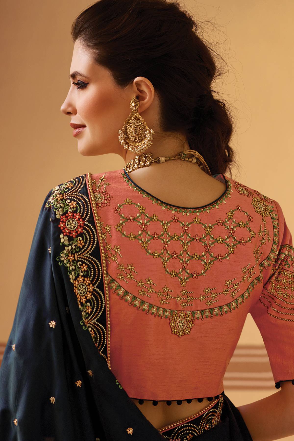 Denim Blue and Peach Designer Silk Sari