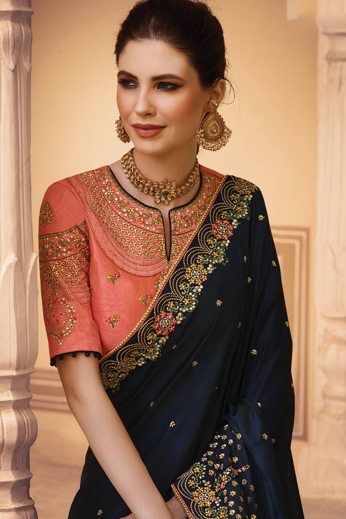 Denim Blue and Peach Designer Silk Sari
