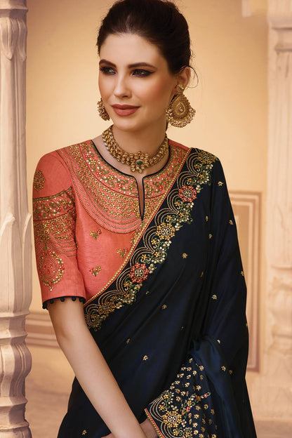 Denim Blue and Peach Designer Silk Sari
