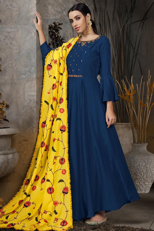 Denim Blue Cotton Designer Gown