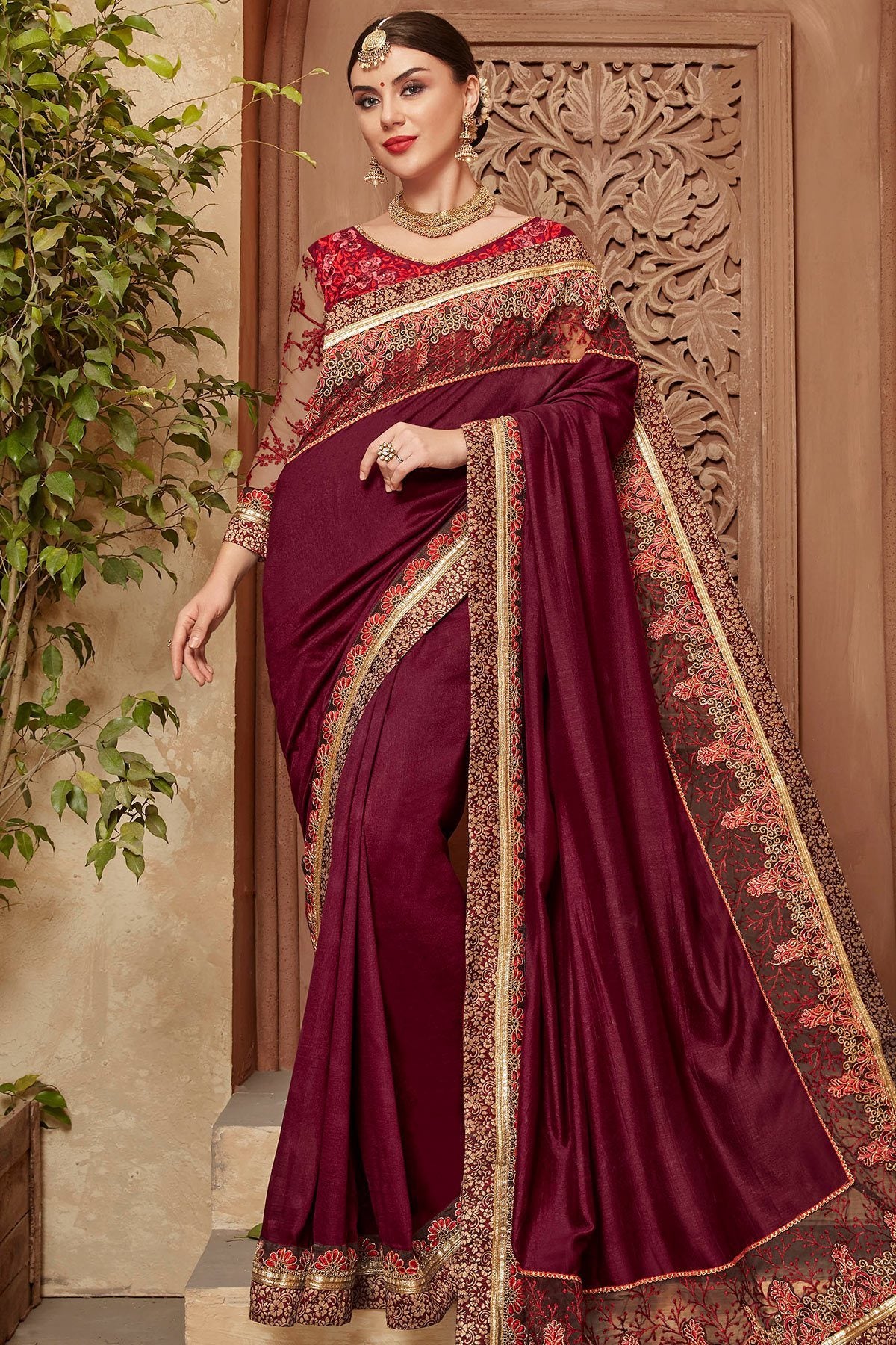 Maroon Saree and Blouse with heavy read threadwork