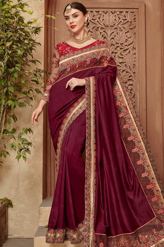 Maroon Saree and Blouse with heavy read threadwork