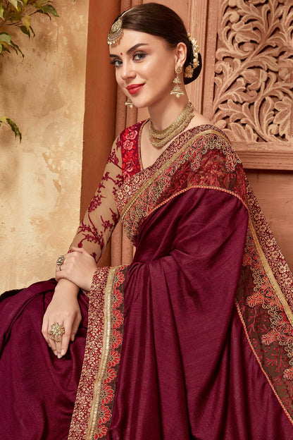 Maroon Saree and Blouse with heavy read threadwork