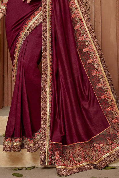 Maroon Saree and Blouse with heavy read threadwork