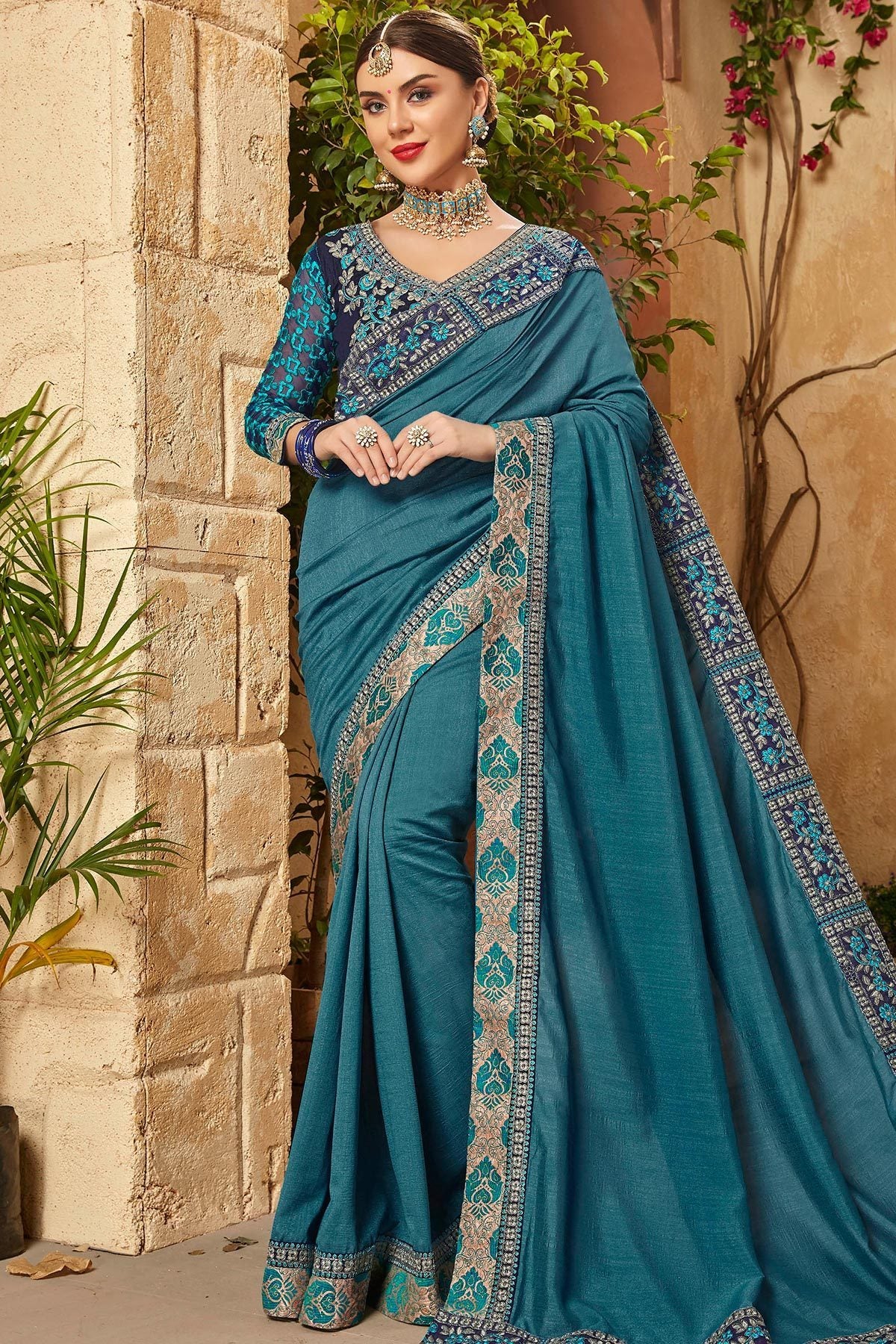 Blue Chiffon Saree and Blue Georgette Blouse with heavy embroidery