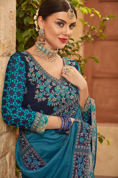 Blue Chiffon Saree and Blue Georgette Blouse with heavy embroidery