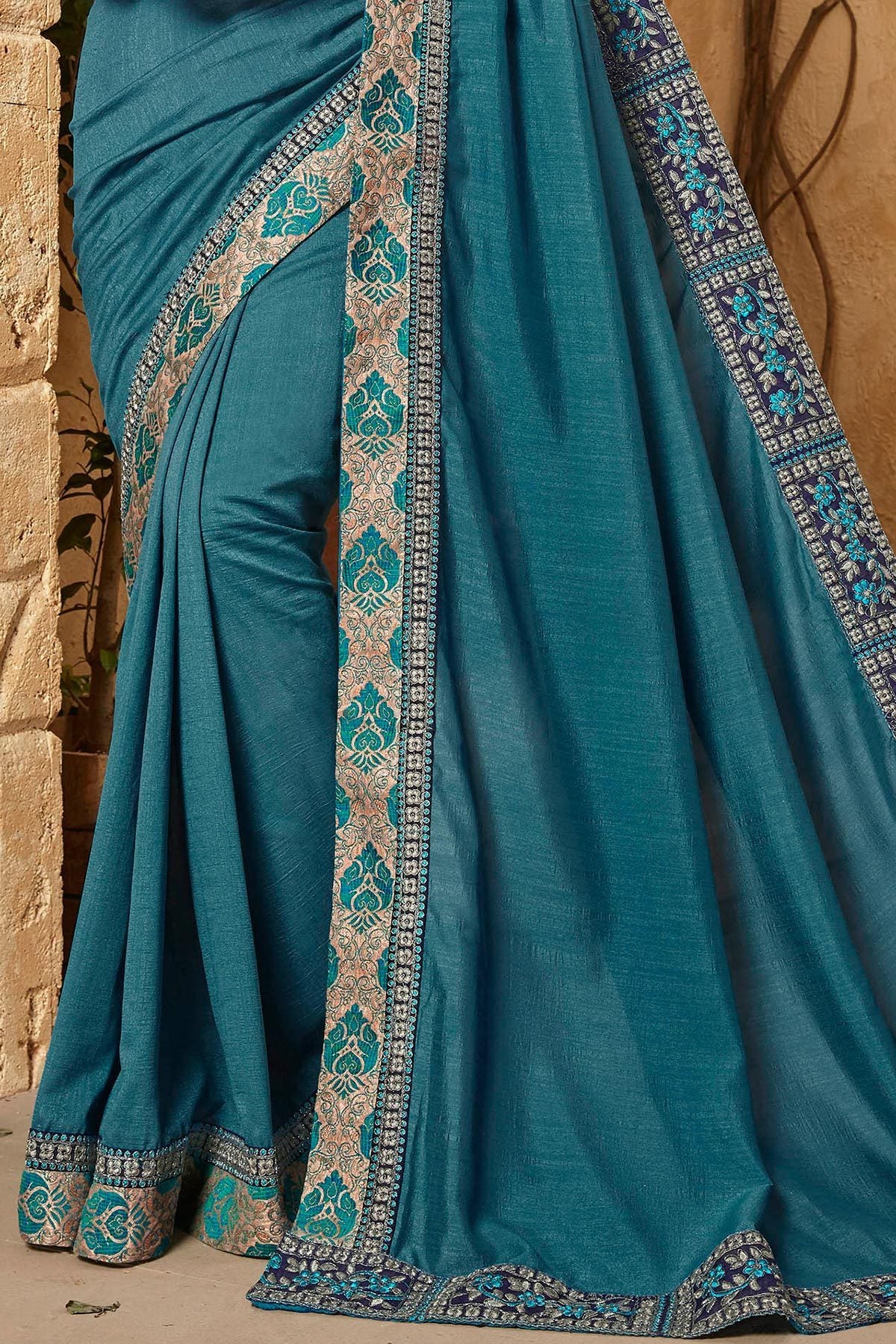 Blue Chiffon Saree and Blue Georgette Blouse with heavy embroidery