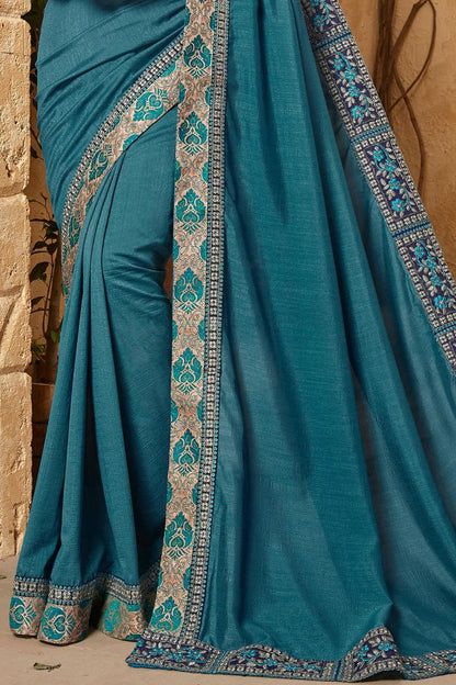 Blue Chiffon Saree and Blue Georgette Blouse with heavy embroidery