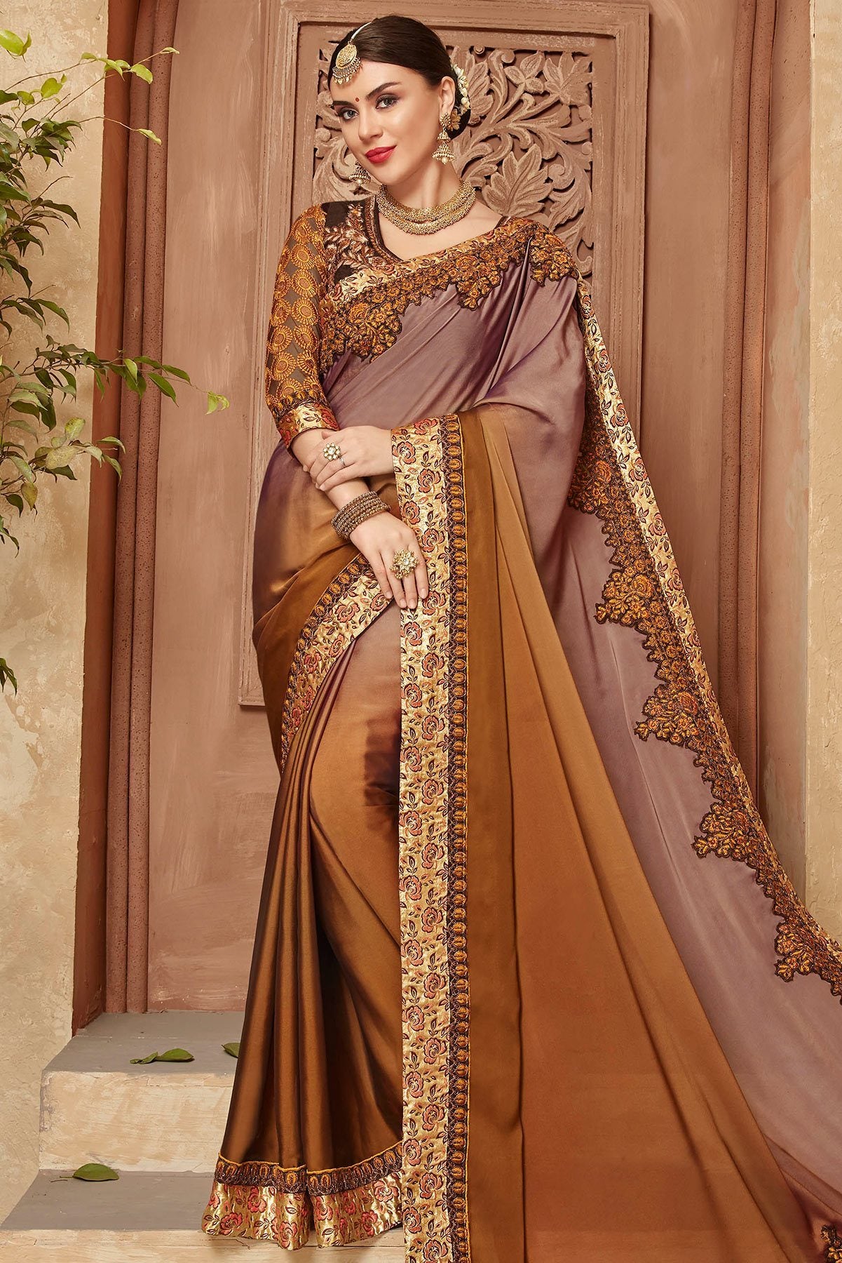 Purple Saree and Brown Blouse with heavy embroidery