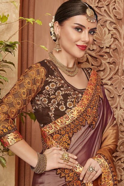 Purple Saree and Brown Blouse with heavy embroidery