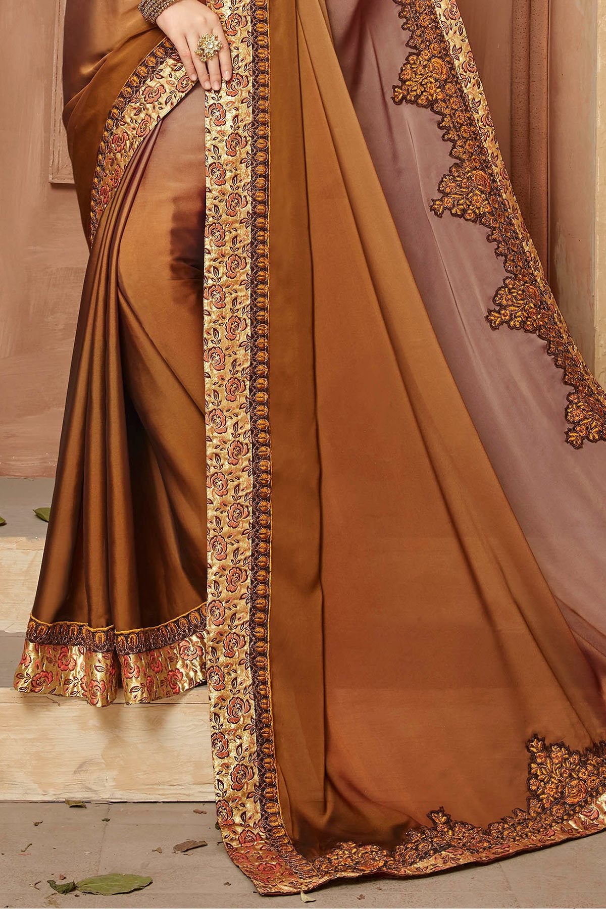 Purple Saree and Brown Blouse with heavy embroidery