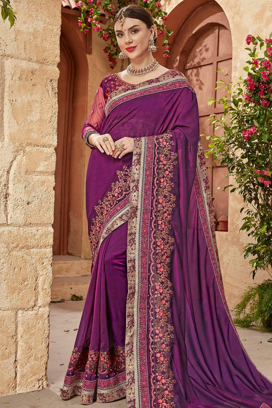 Purple Saree and Blouse with heavy embroidery