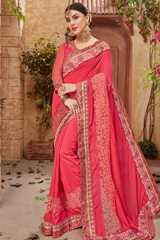 Pink Saree and matching Blouse in heavy embroidery and lace work