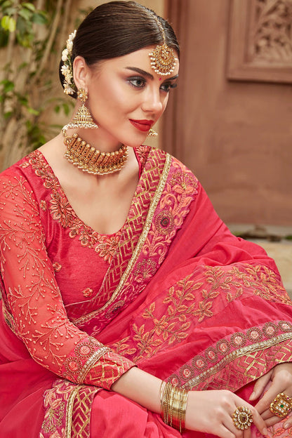 Pink Saree and matching Blouse in heavy embroidery and lace work