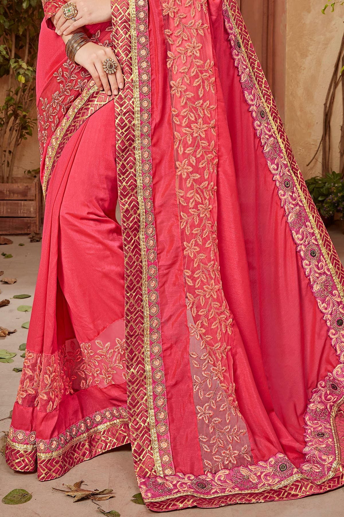 Pink Saree and matching Blouse in heavy embroidery and lace work