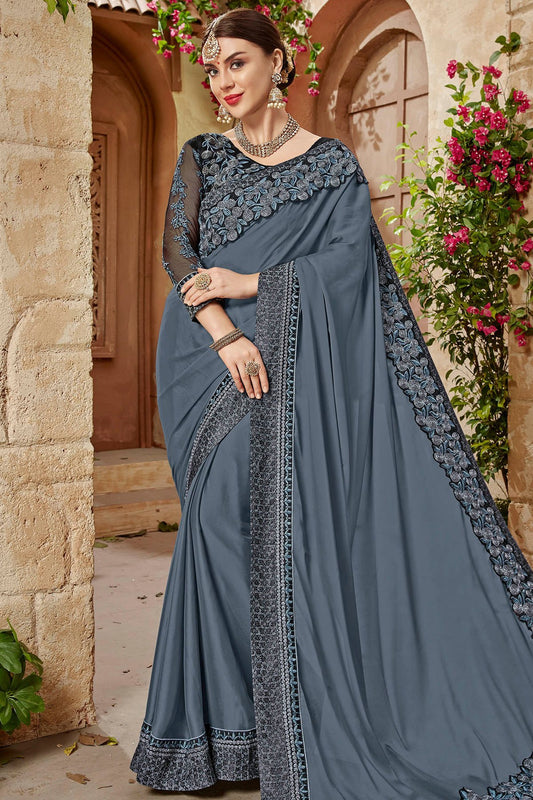Gray Saree and Black Blouse with heavy embroidery