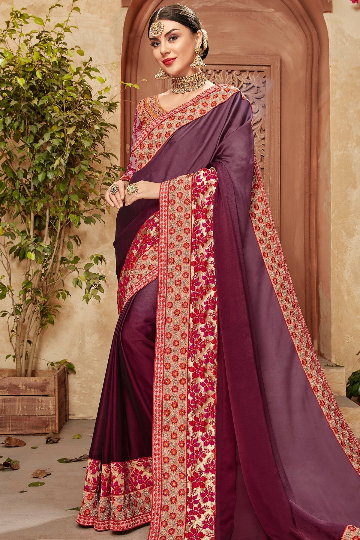 Mauvean Saree and Purple Blouse with heavy embroidery