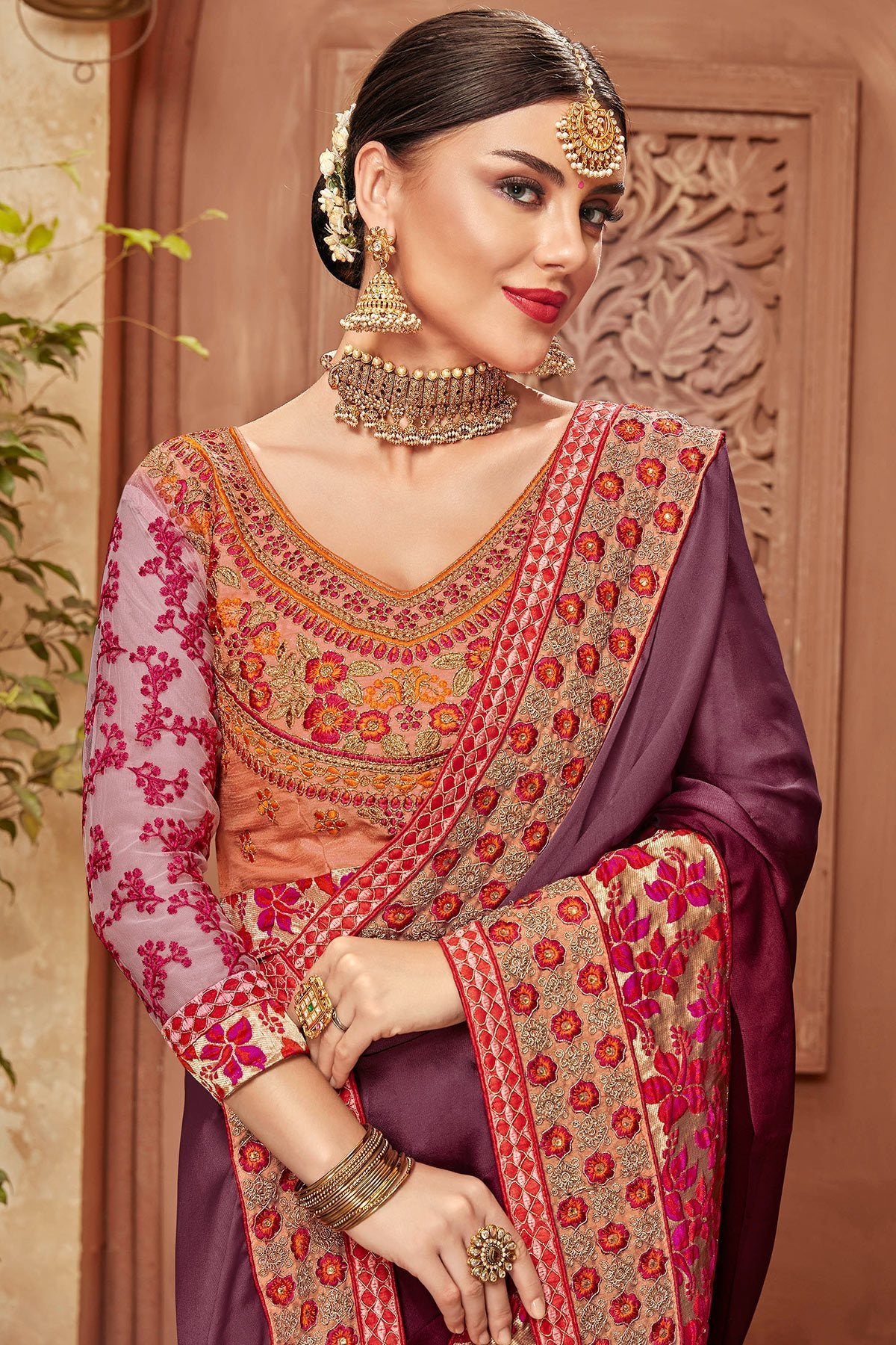 Mauvean Saree and Purple Blouse with heavy embroidery