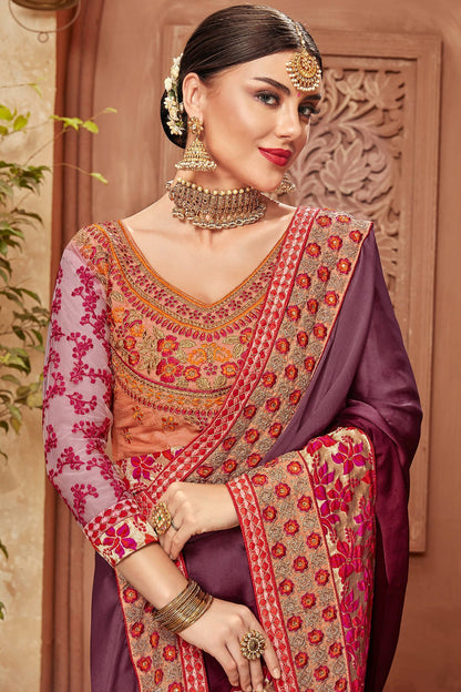 Mauvean Saree and Purple Blouse with heavy embroidery