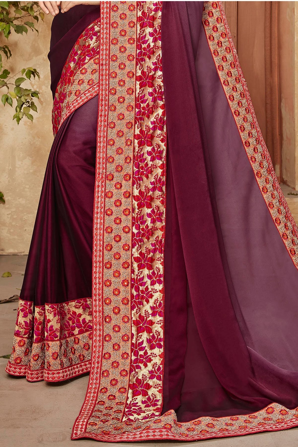 Mauvean Saree and Purple Blouse with heavy embroidery