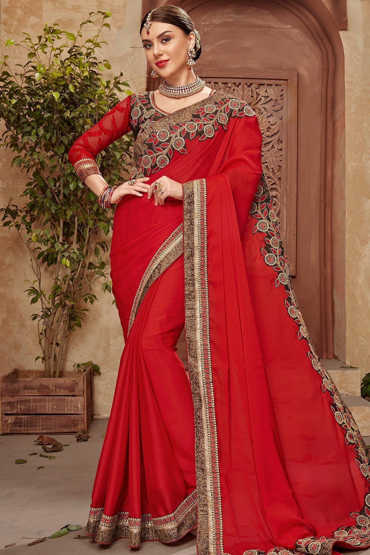 Red Saree and Black Blouse with heavy embroidery