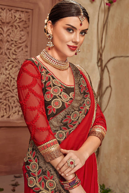 Red Saree and Black Blouse with heavy embroidery
