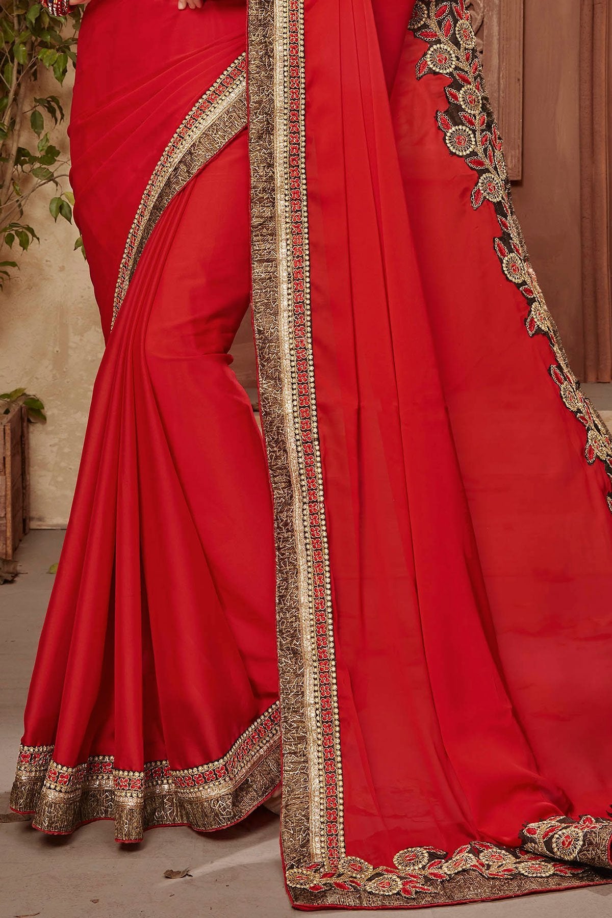 Red Saree and Black Blouse with heavy embroidery