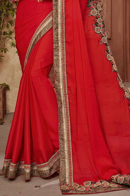 Red Saree and Black Blouse with heavy embroidery