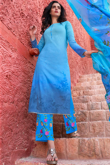 Divine Blue Casual Cotton Cotton Straight Suit