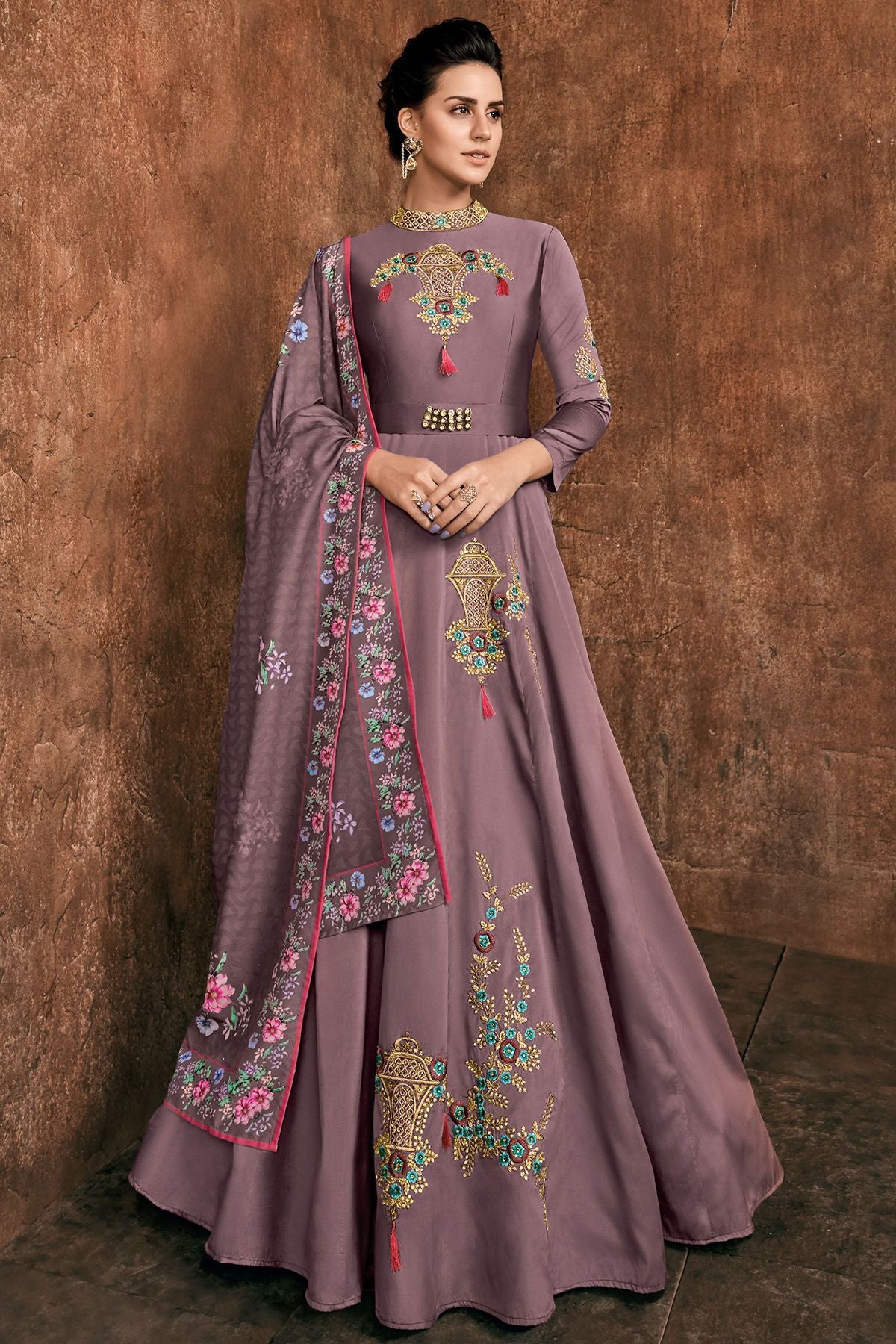 Dove Grey Reyon Party Wear Anarkali Suit