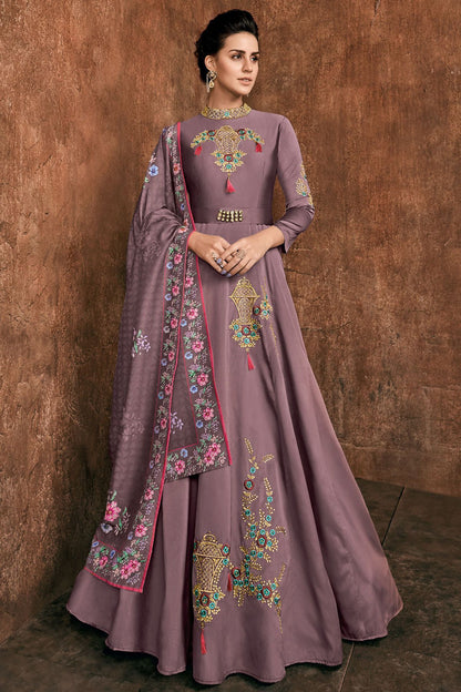 Dove Grey Reyon Party Wear Anarkali Suit