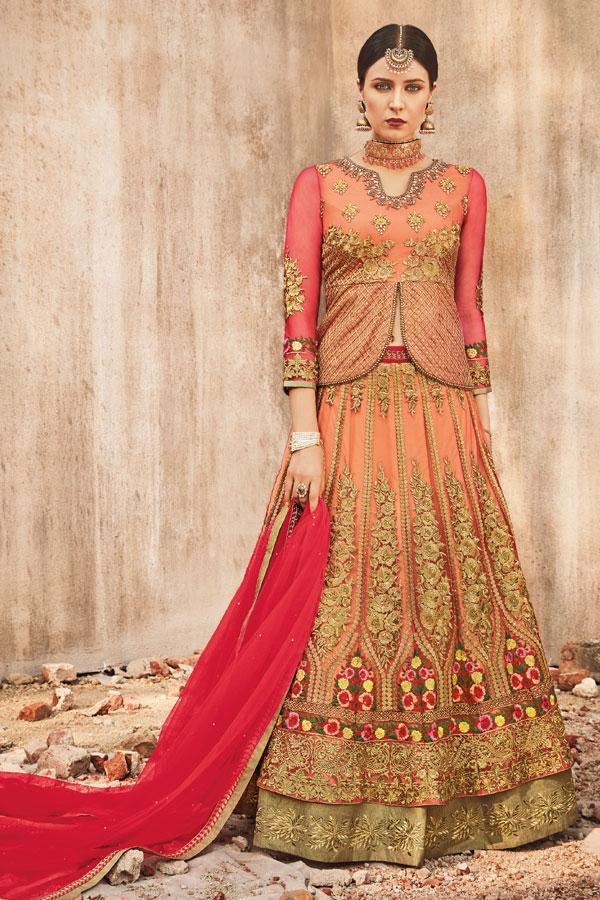 Red and Golden Party wear Lehenga Style Anarkali Suit