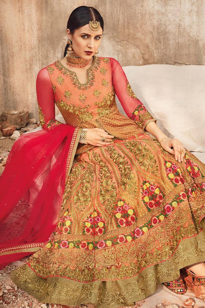 Red and Golden Party wear Lehenga Style Anarkali Suit