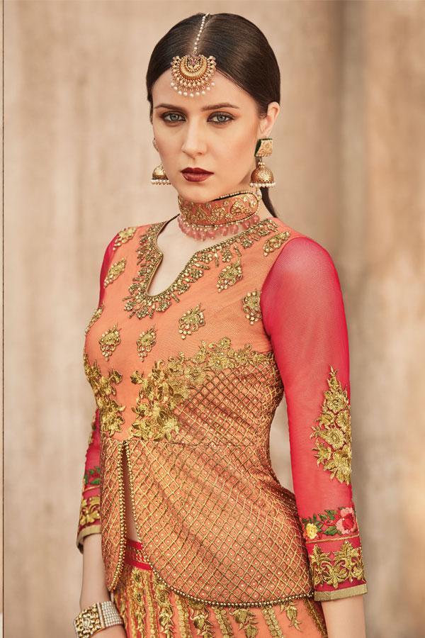 Red and Golden Party wear Lehenga Style Anarkali Suit